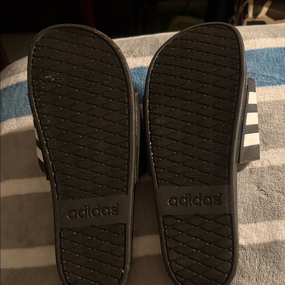 adidas Black and White Slide Sandals with Signature Stripes - Picture 3 of 3